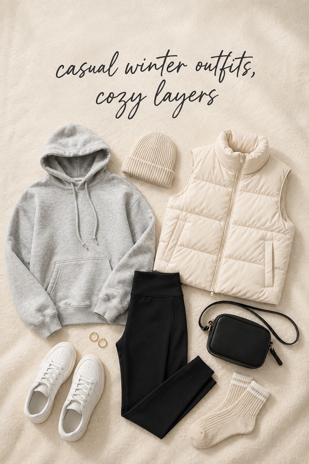 casual winter outfits Pinterest flat lay with hoodie, puffer vest, and sneakers
