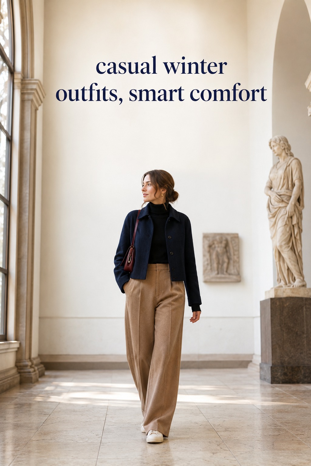 casual winter outfits with turtleneck, wide-leg trousers, and sneakers