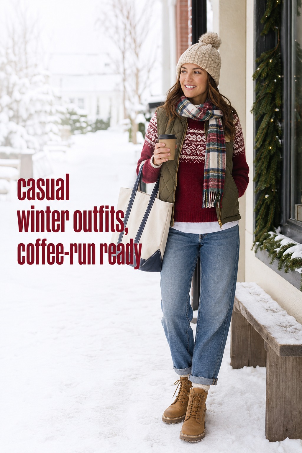 casual winter outfits with Fair Isle sweater, jeans, vest, and boots