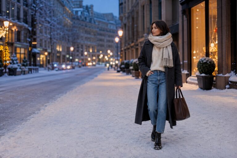 casual winter outfits street style with charcoal coat, jeans, boots, and scarf