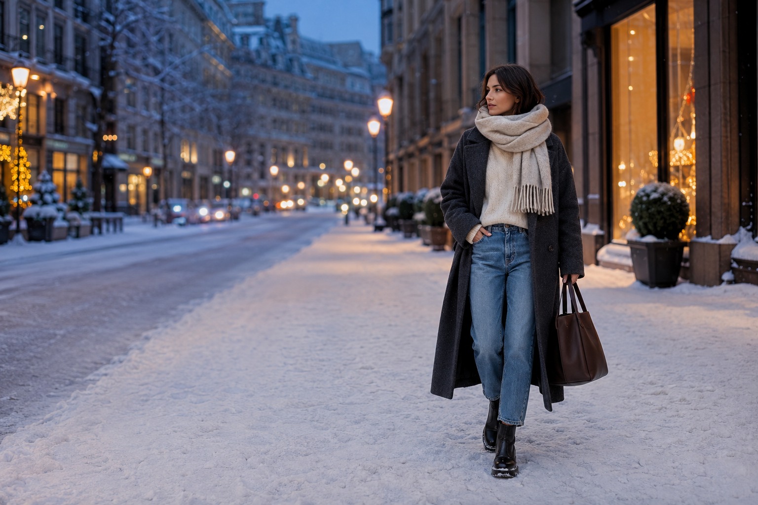 casual winter outfits street style with charcoal coat, jeans, boots, and scarf