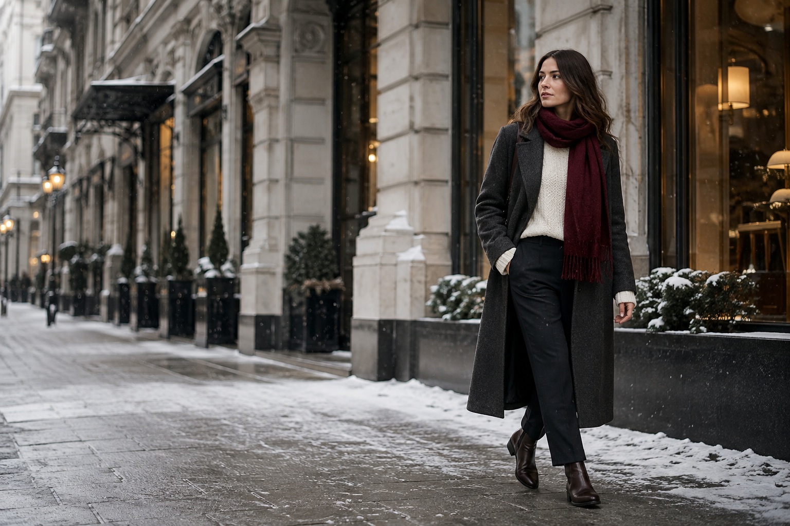 Chic winter outfits with charcoal coat, cream knit, burgundy scarf, trousers, and boots