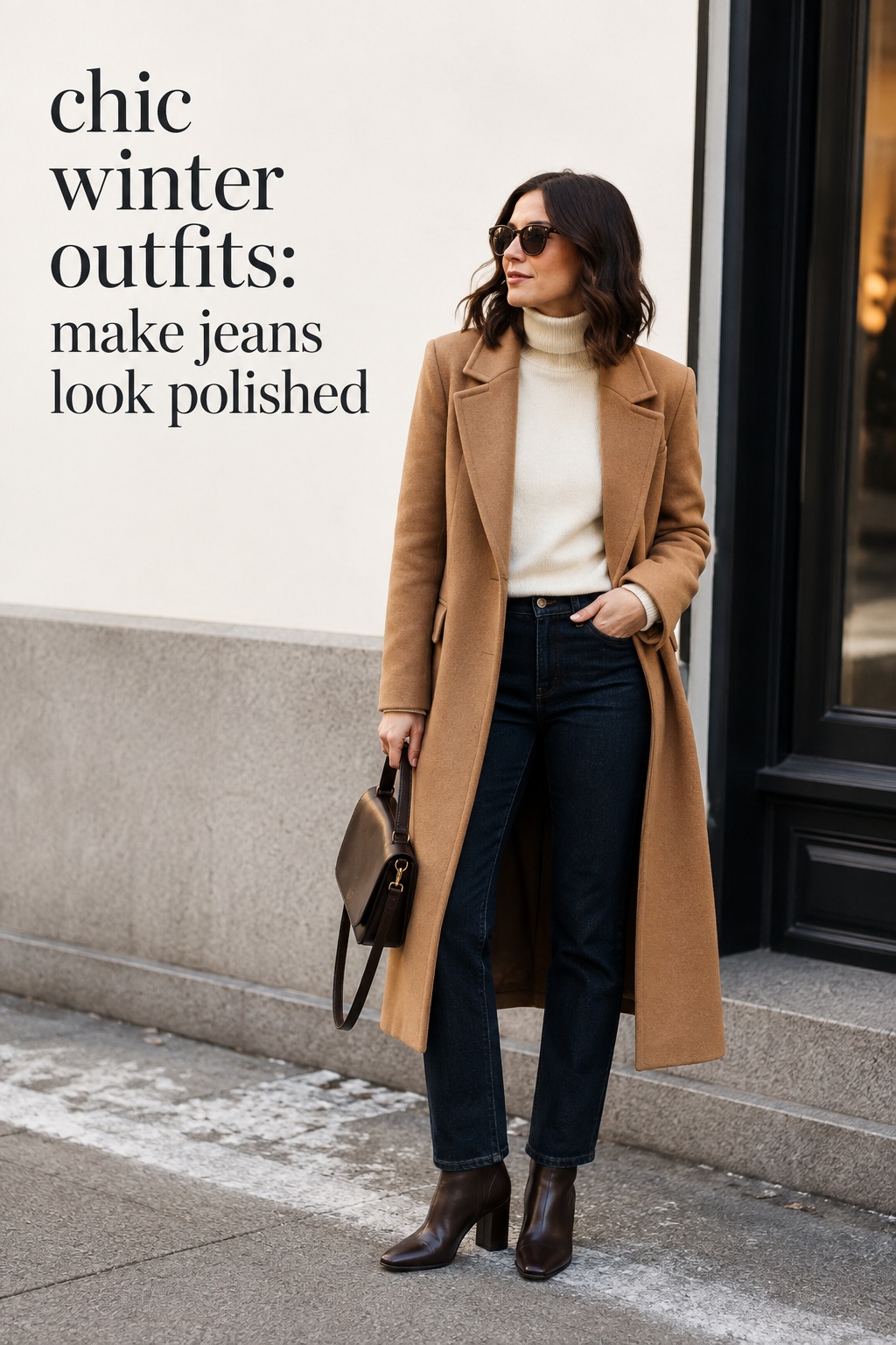 Chic winter outfits with camel coat, ivory turtleneck, dark jeans, and brown boots