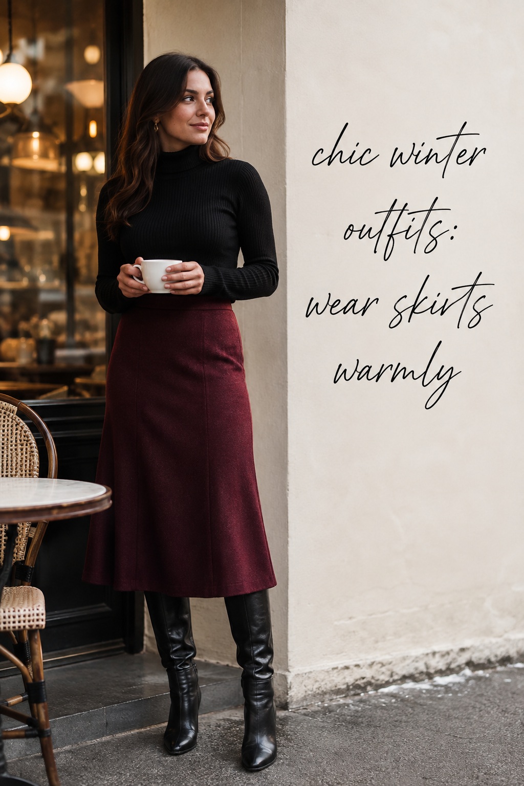 Chic winter outfits with black puffer, gray knit, wide trousers, and white sneakers