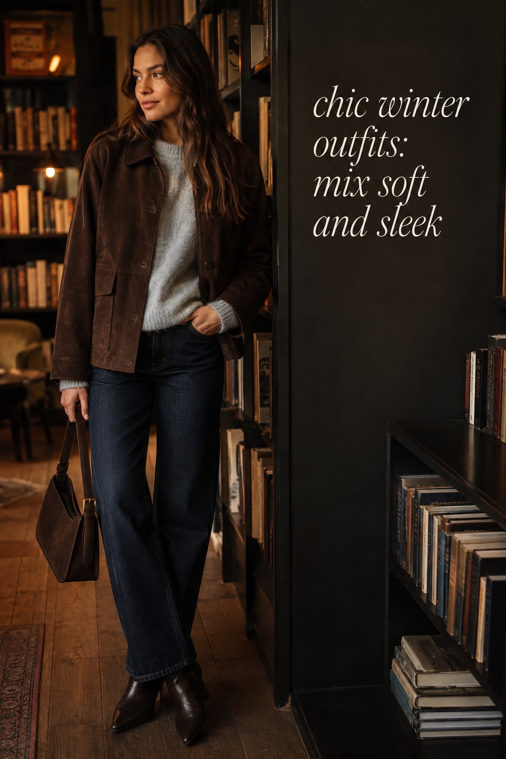 Chic winter outfits with chocolate suede jacket, gray sweater, dark denim, and boots