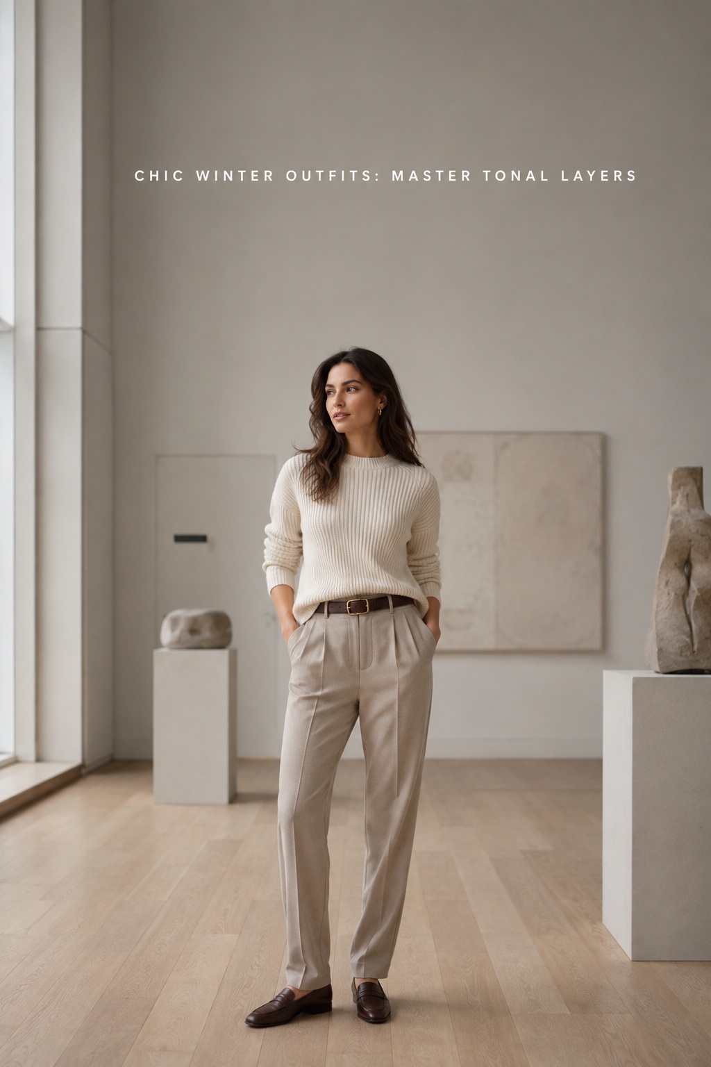 Chic winter outfits with cream knit, oat trousers, brown belt, and loafers