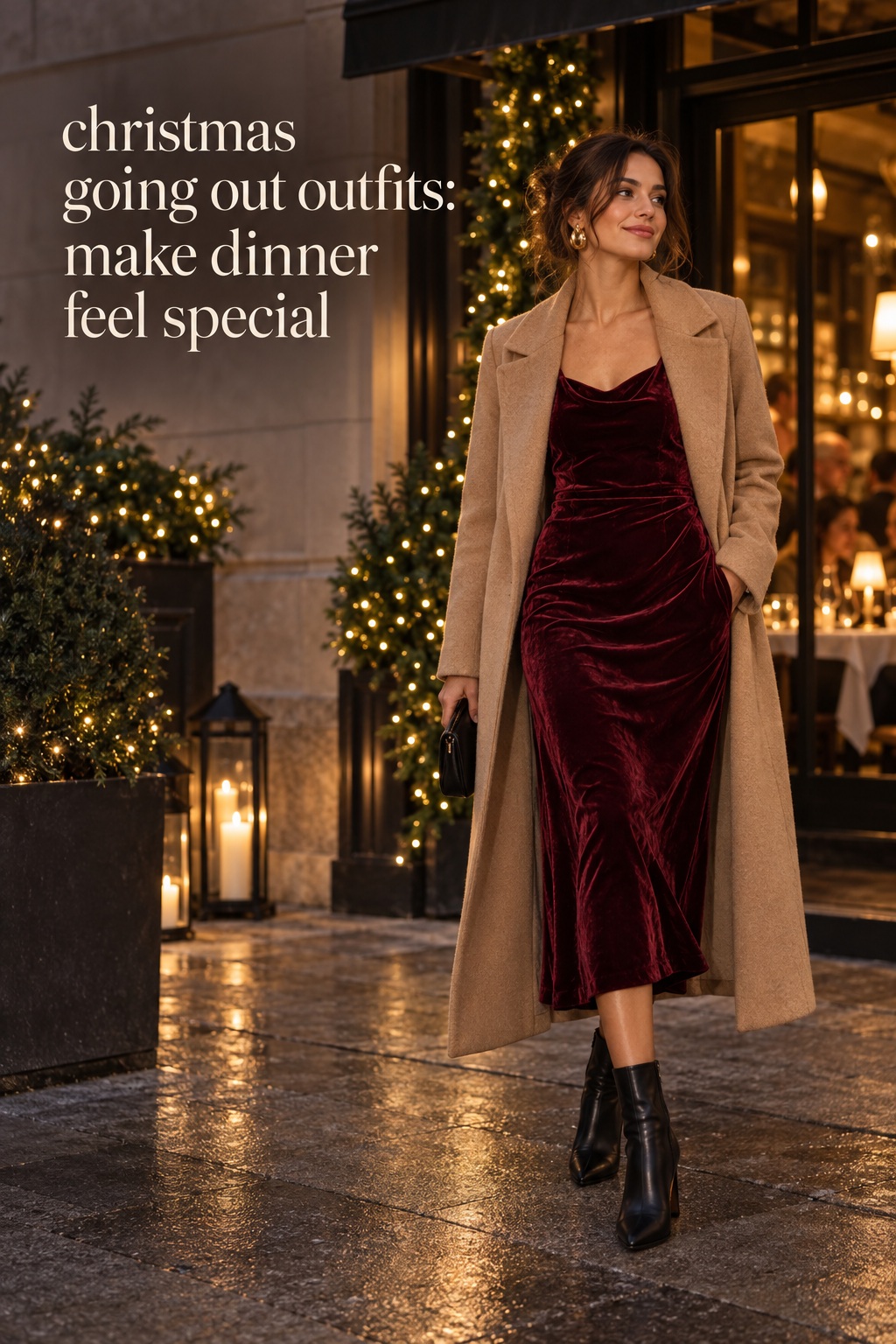 christmas going out outfits burgundy velvet dress camel coat and boots