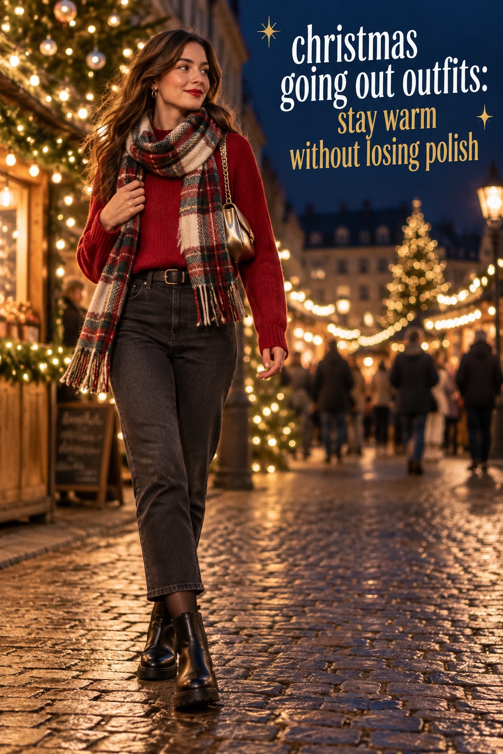 christmas going out outfits red sweater dark jeans scarf and flat boots