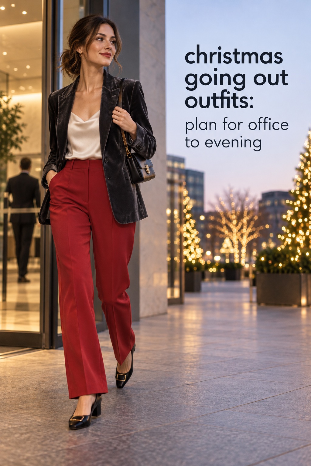 christmas going out outfits red trousers green blazer office party look