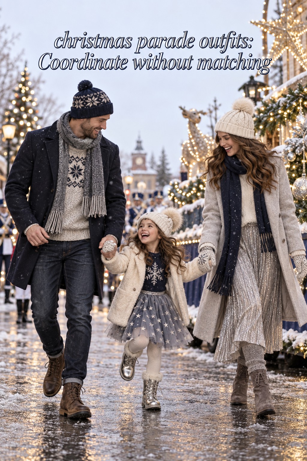 christmas parade outfits for a family in coordinated navy, silver, ivory, and gray winter layers