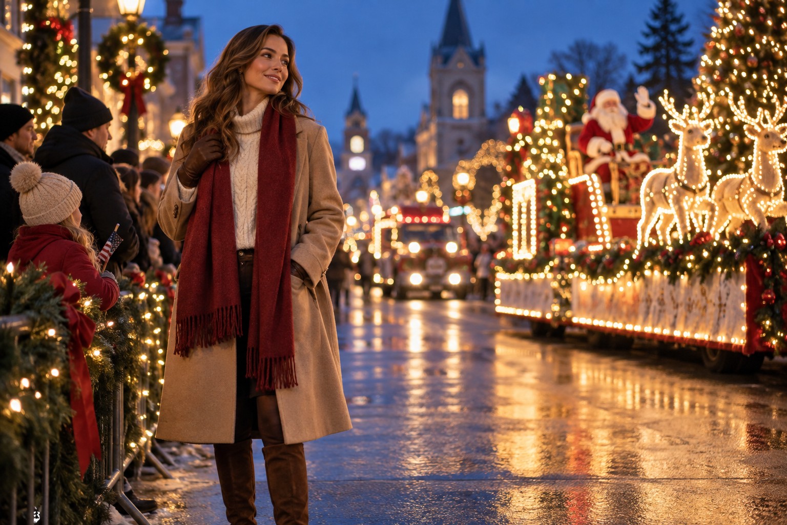 christmas parade outfits with camel coat and red scarf beside glowing holiday parade floats