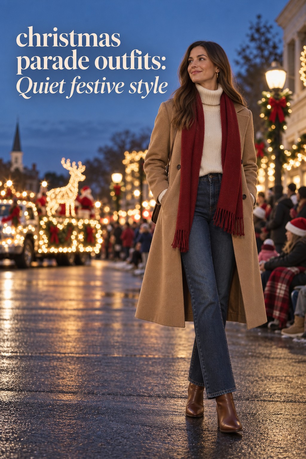 christmas parade outfits with camel coat, cream turtleneck, red scarf, jeans, and ankle boots