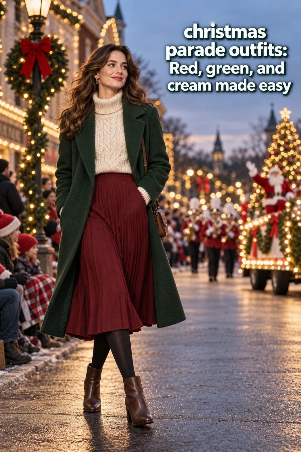 christmas parade outfits with green coat, cream sweater, burgundy skirt, tights, and boots