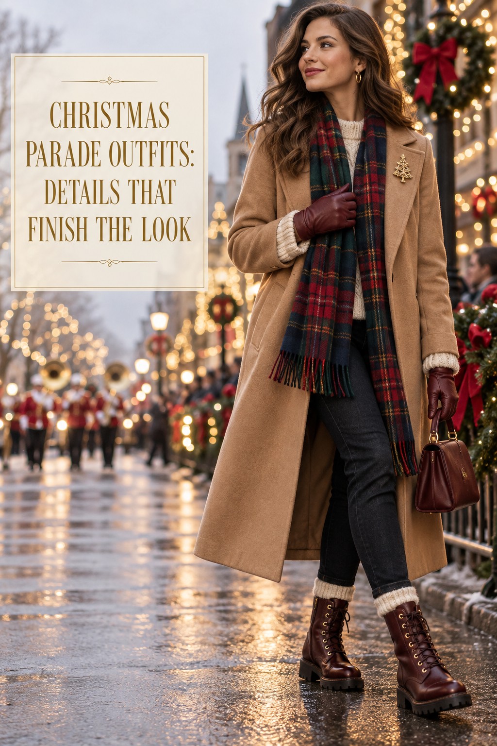 christmas parade outfits styling details with camel coat, tartan scarf, gloves, brooch, and lug boots