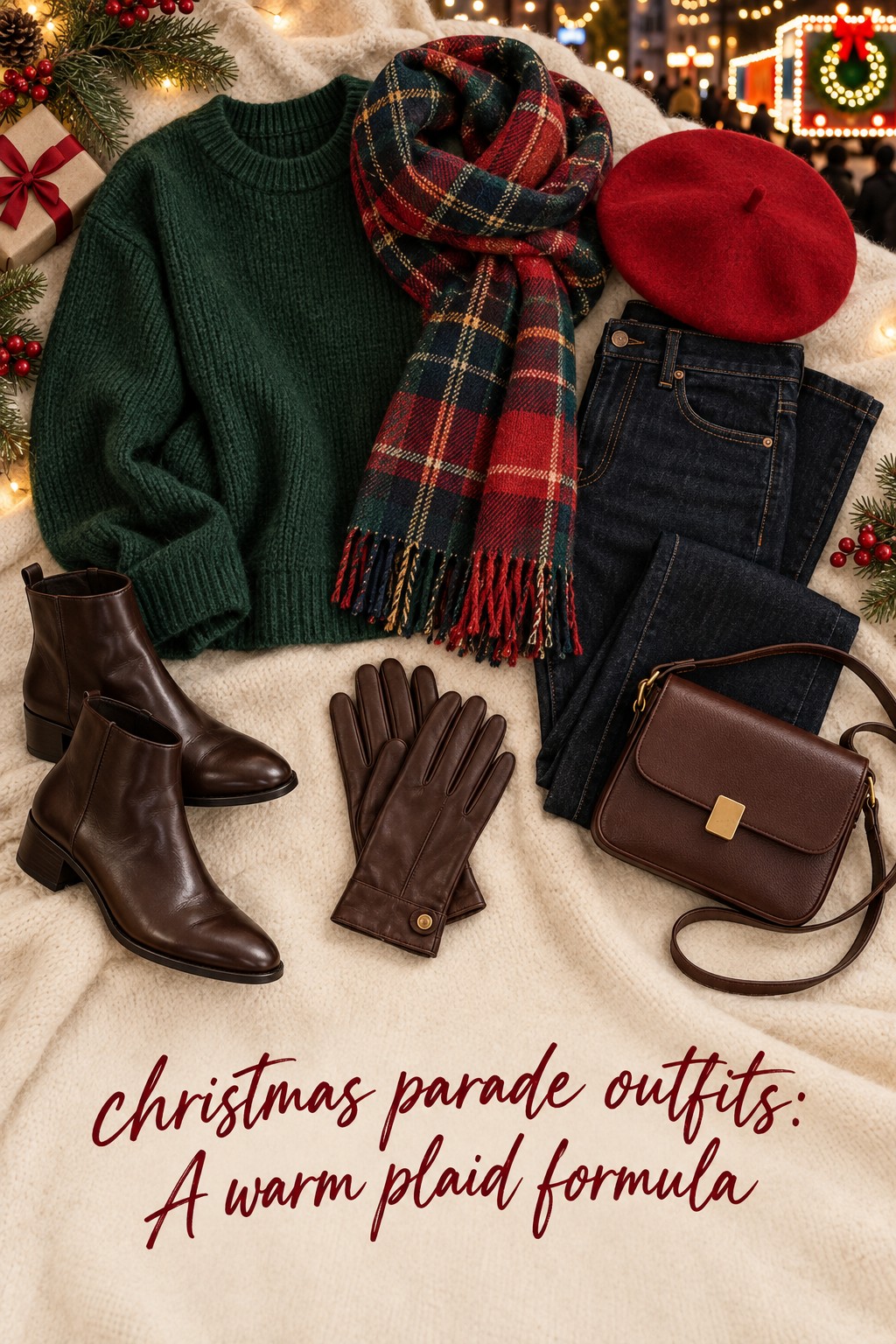 christmas parade outfits flat lay with green sweater, tartan scarf, red beret, jeans, boots, and gloves