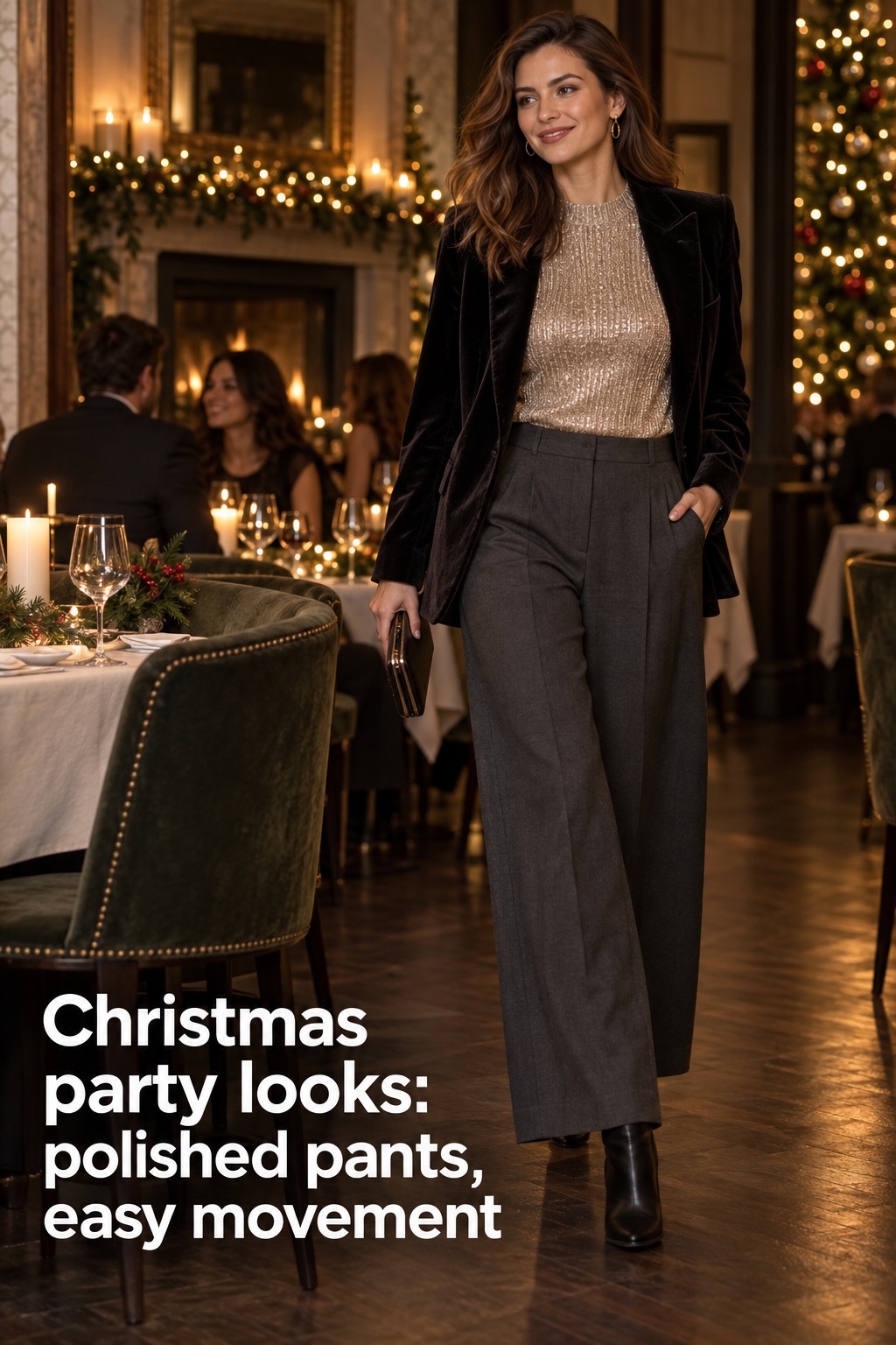Christmas party looks metallic knit top with wide-leg trousers at dinner