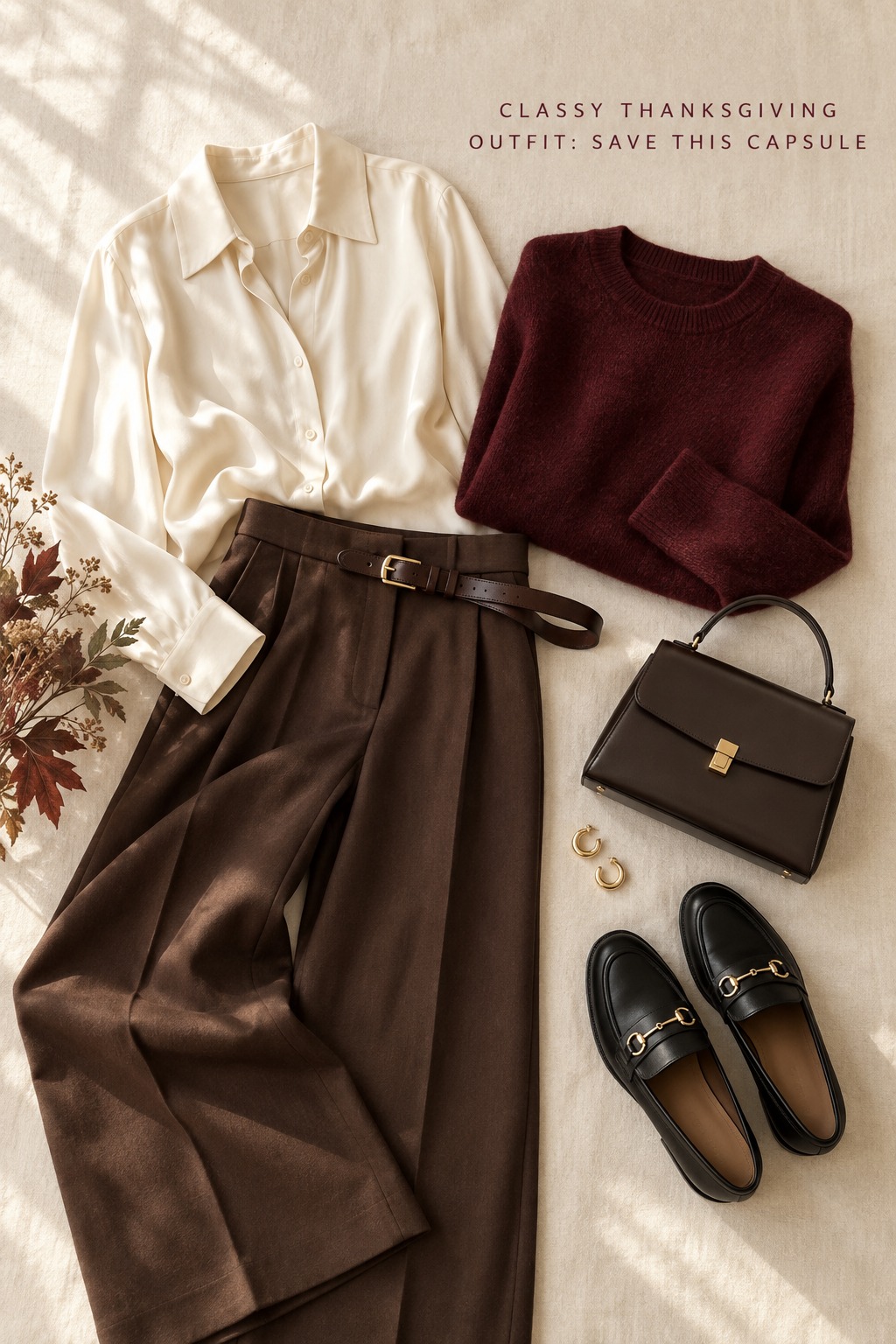 Classy thanksgiving outfit capsule flat lay with cream blouse, trousers, knit, and loafers