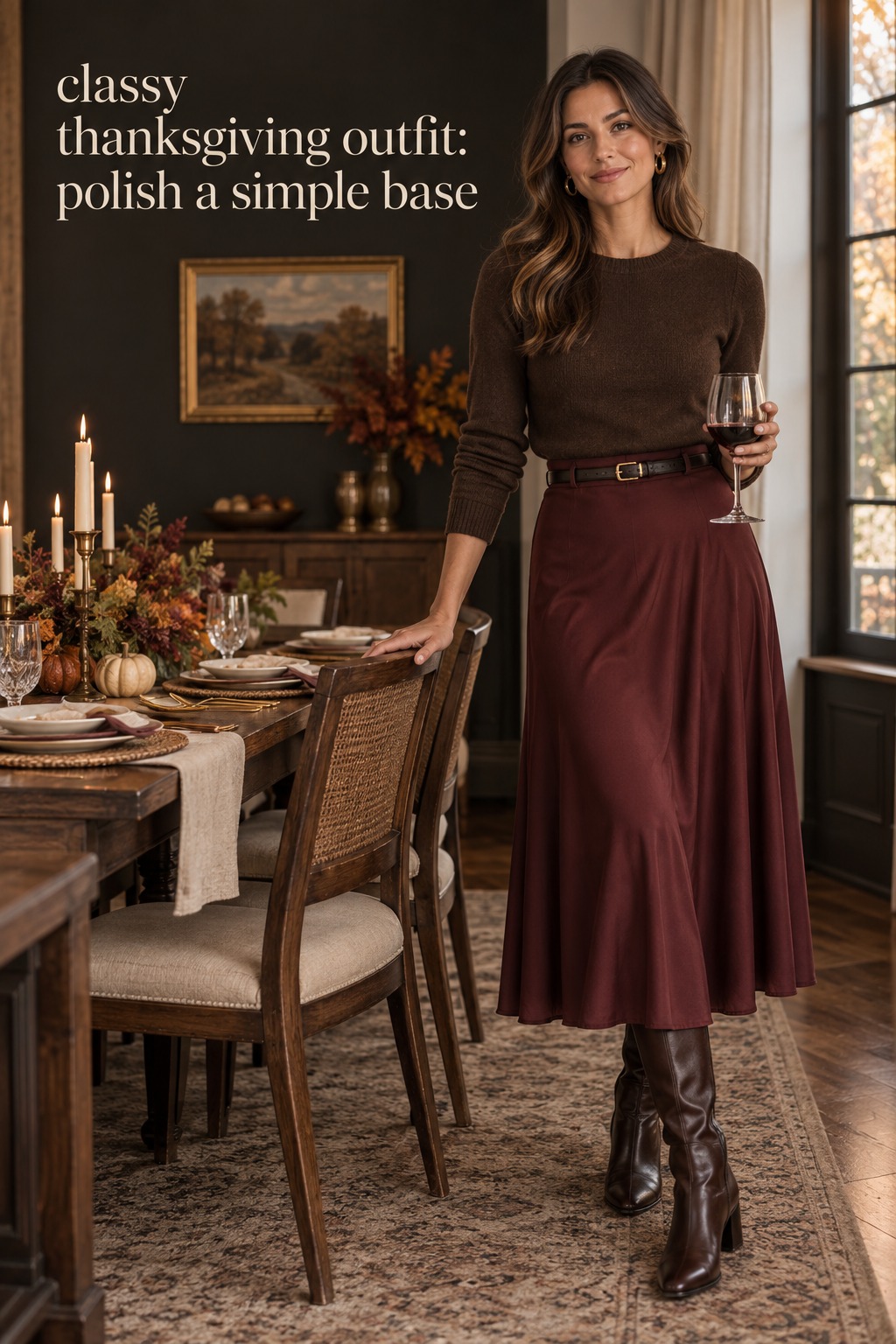 Classy thanksgiving outfit with a chocolate knit, burgundy midi skirt, belt, and boots
