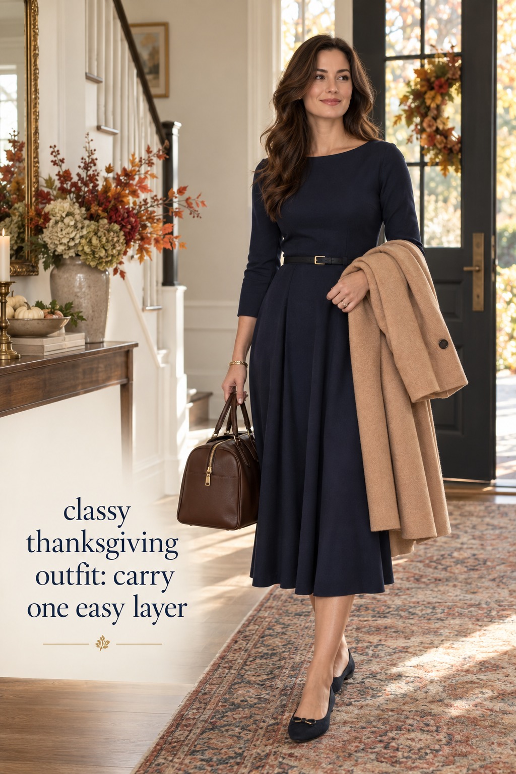 Classy thanksgiving outfit with a navy midi dress, camel coat, belt, and flats