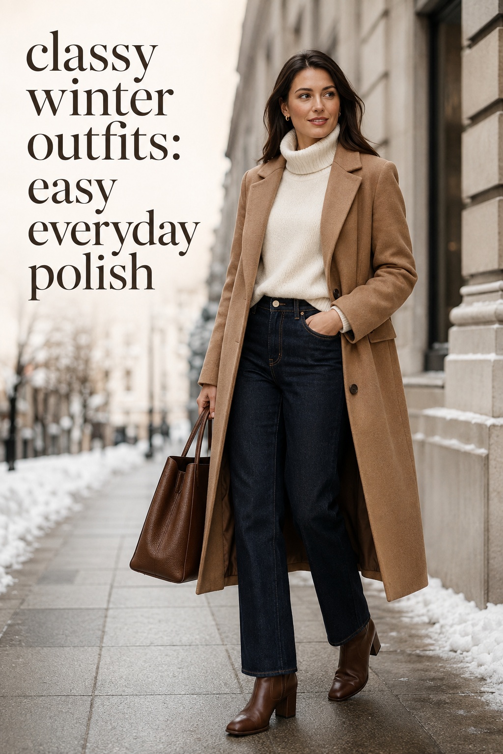 classy winter outfits with camel coat, ivory turtleneck, dark jeans, and brown boots
