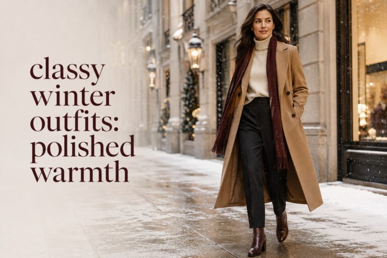 classy winter outfits with camel coat, ivory turtleneck, dark trousers, boots, and burgundy scarf