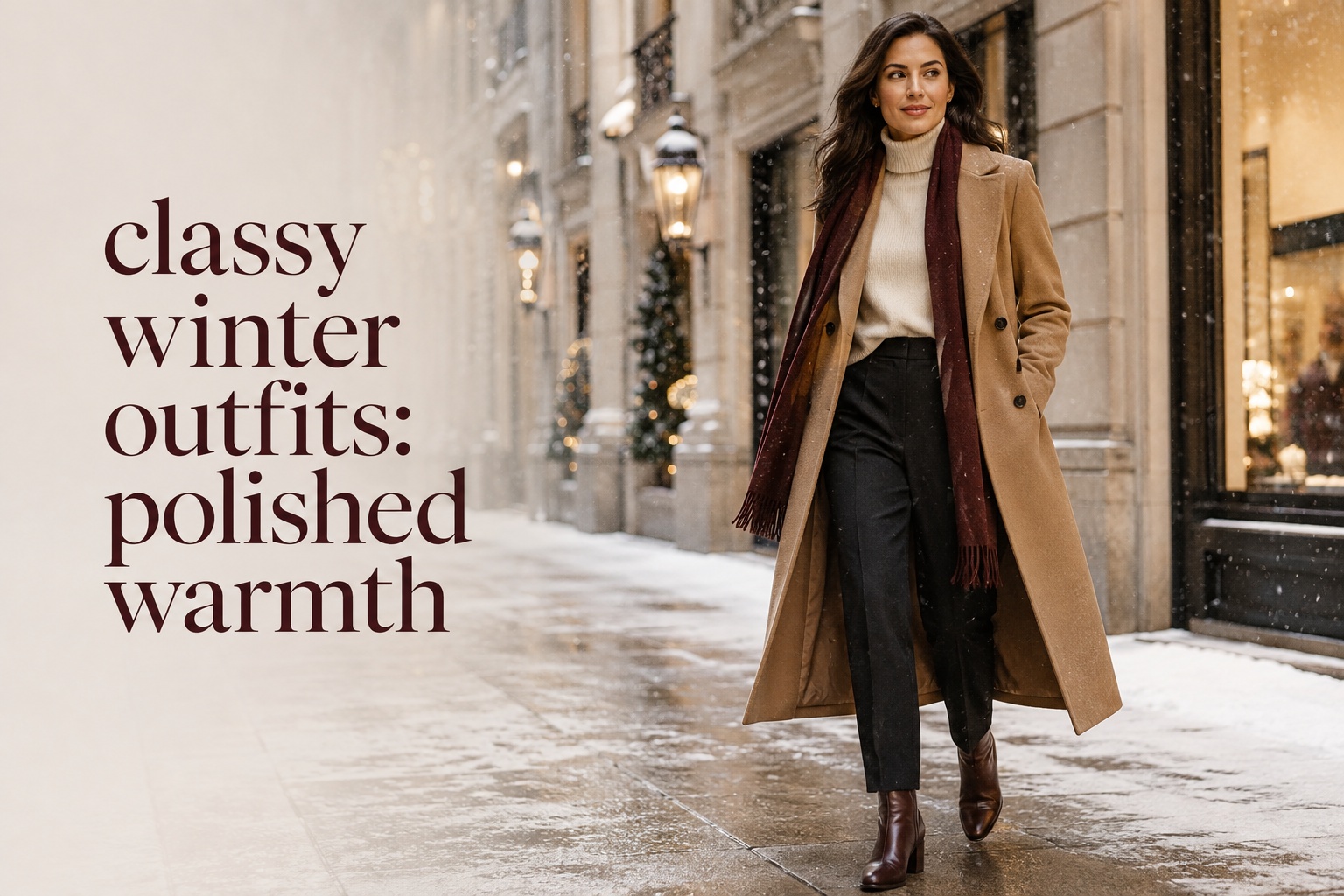 classy winter outfits with camel coat, ivory turtleneck, dark trousers, boots, and burgundy scarf