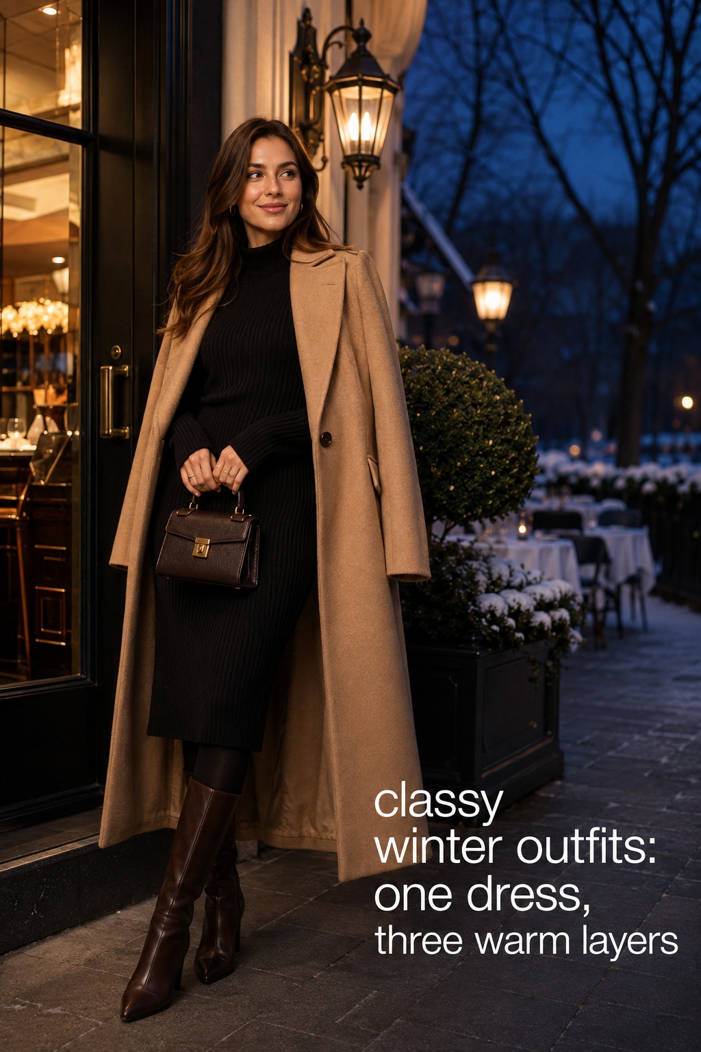 classy winter outfits with black knit dress, camel coat, tights, and tall boots