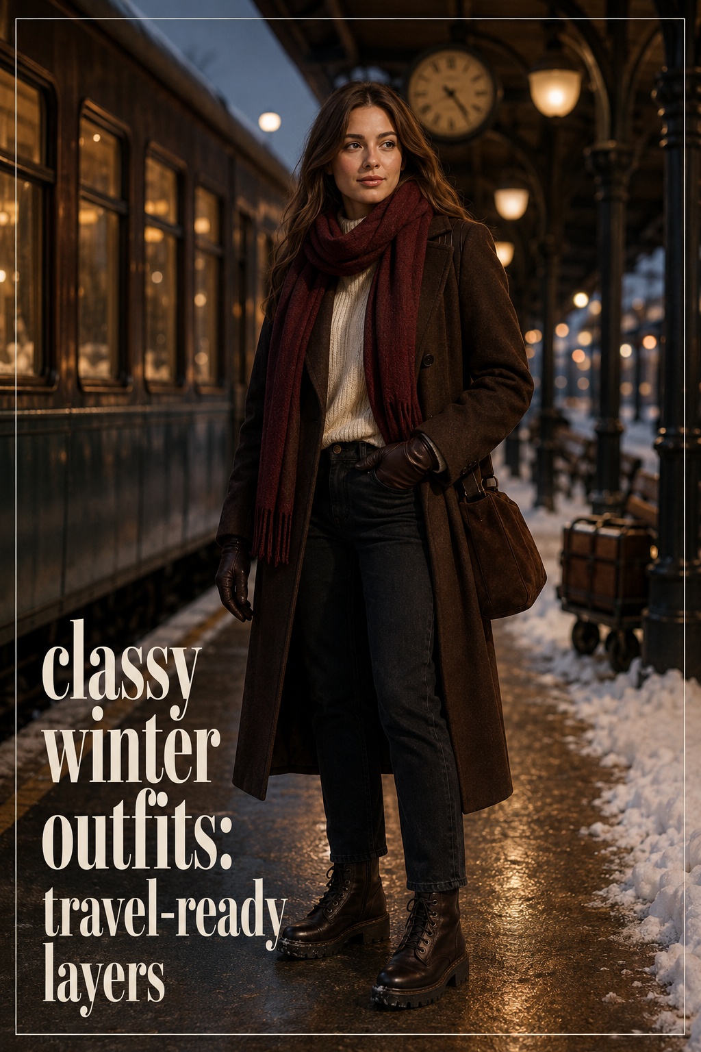 classy winter outfits with cream sweater, dark jeans, chocolate coat, and lug boots