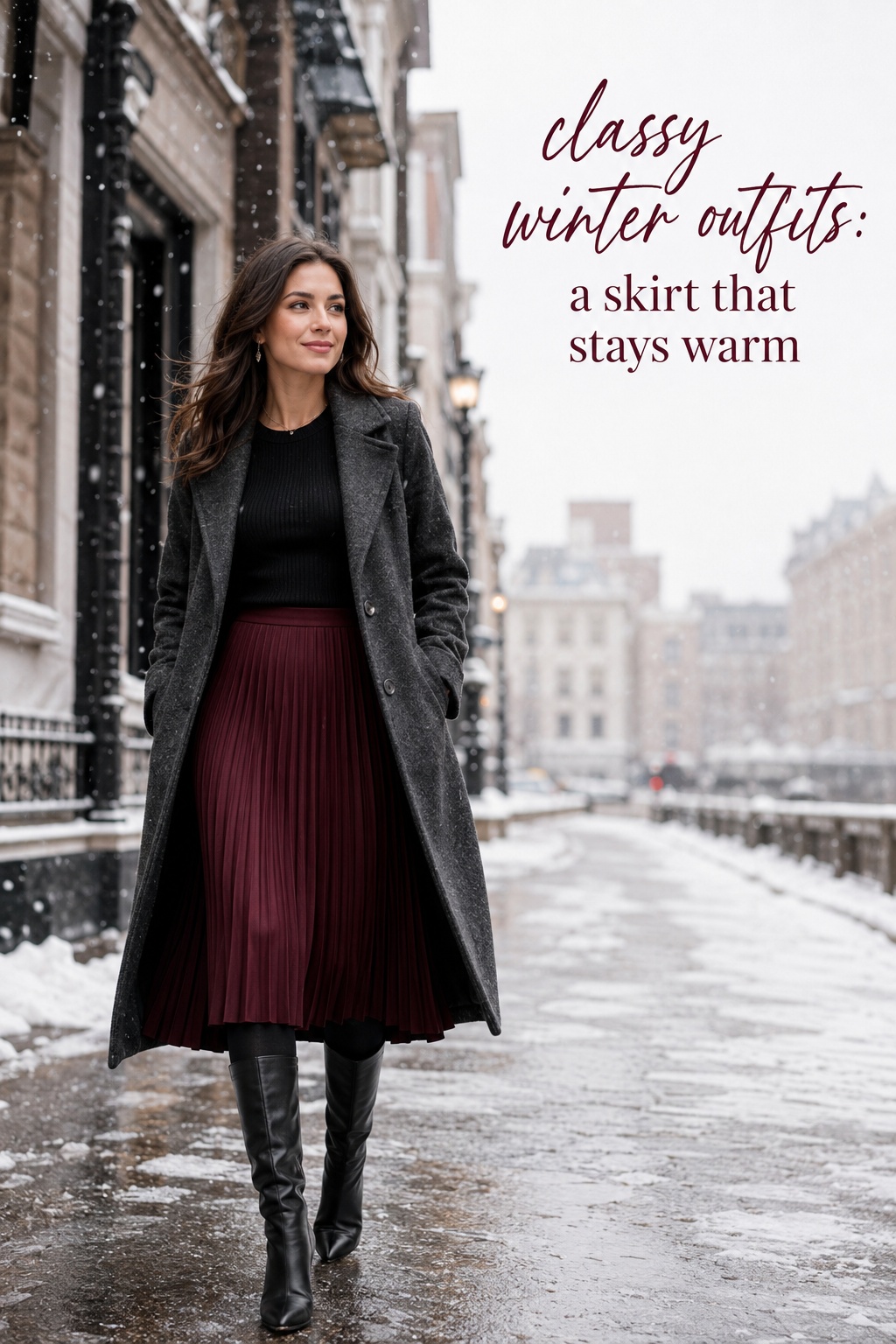classy winter outfits with burgundy pleated midi skirt, black knit, and boots