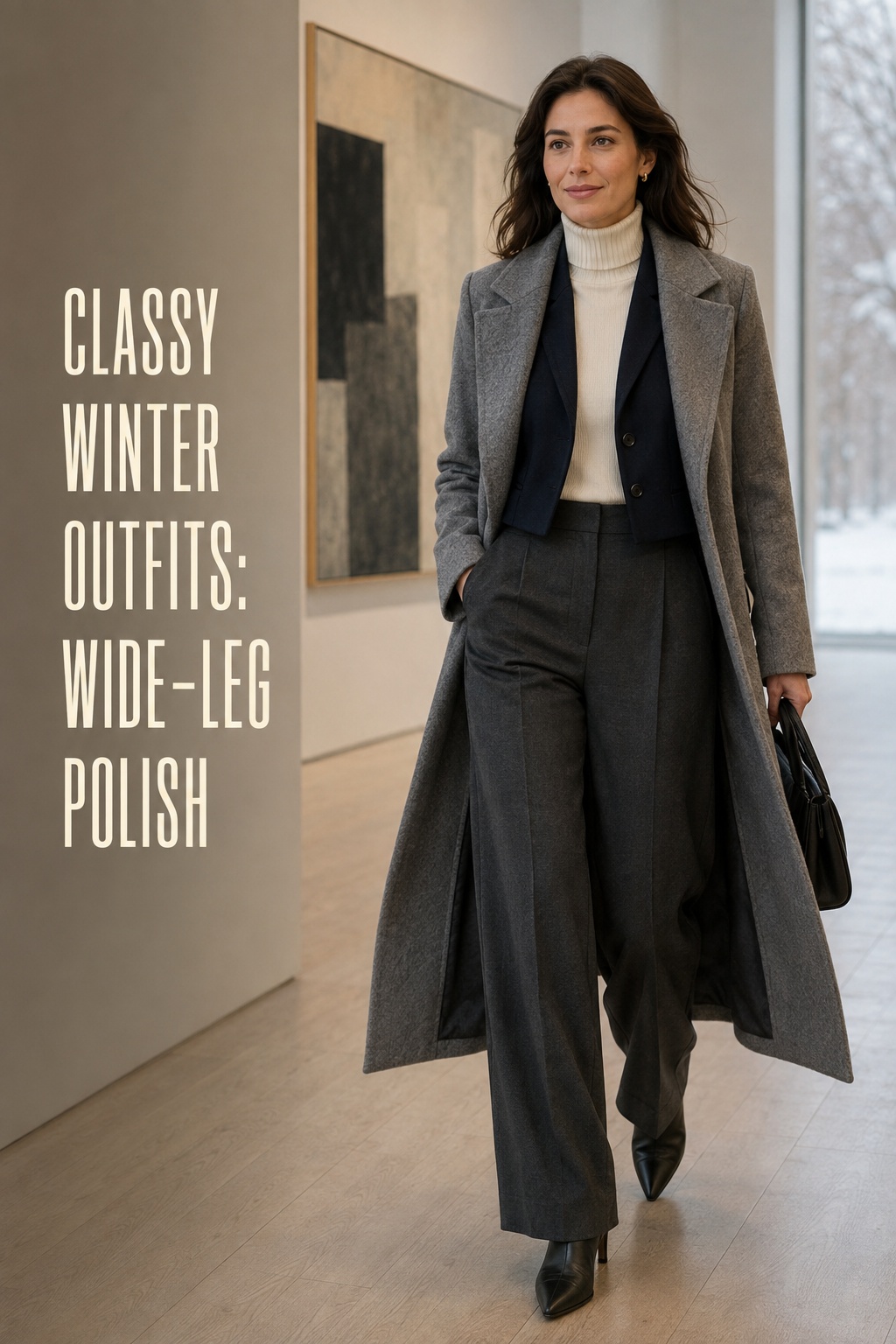 classy winter outfits with charcoal wide-leg trousers and ivory turtleneck