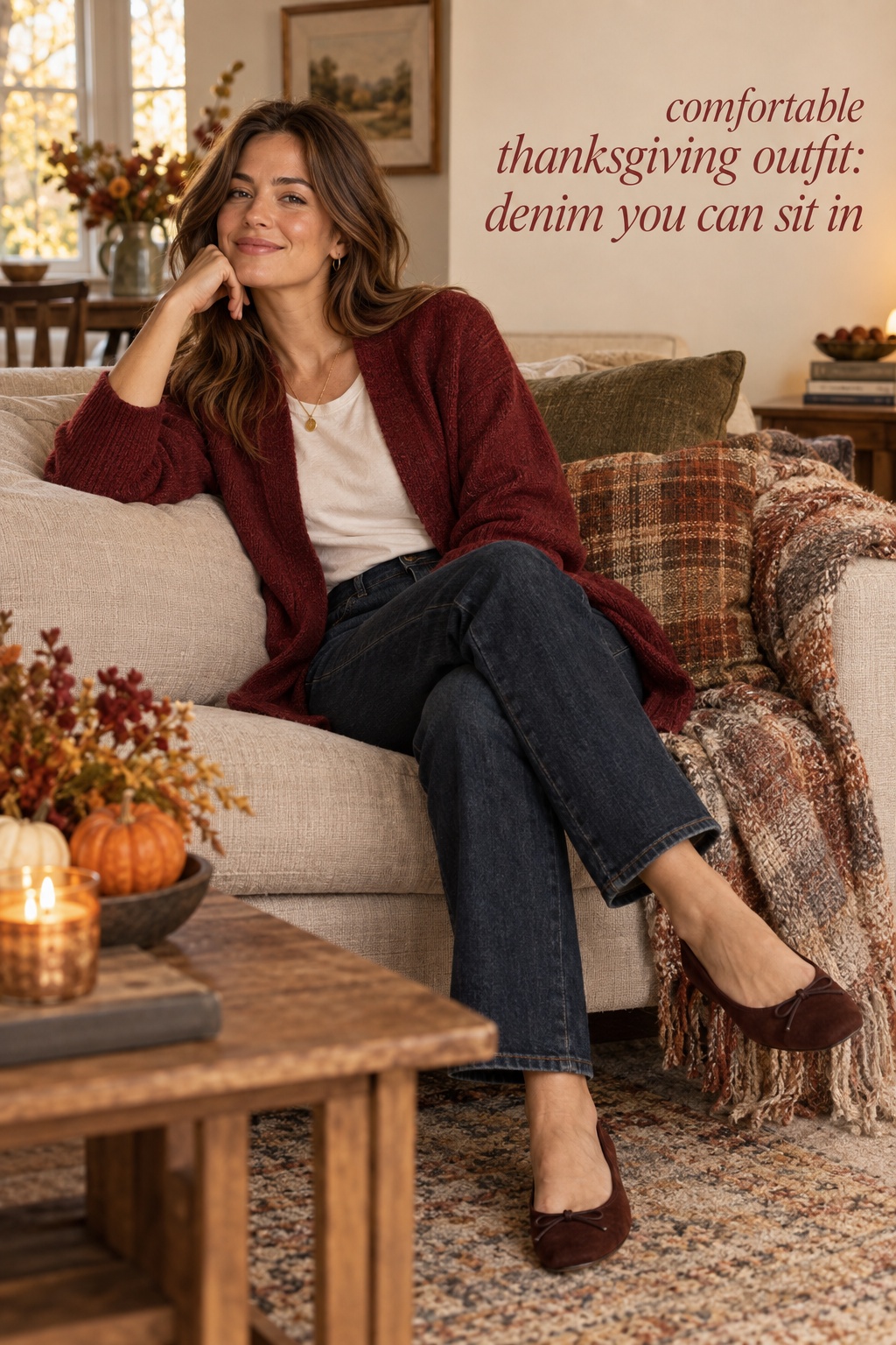 comfortable thanksgiving outfit with relaxed jeans and a cranberry cardigan