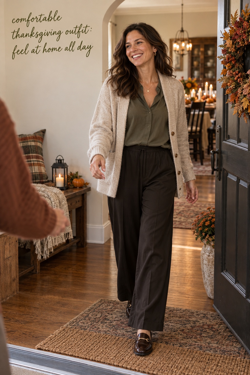 comfortable thanksgiving outfit with soft trousers and an oatmeal cardigan
