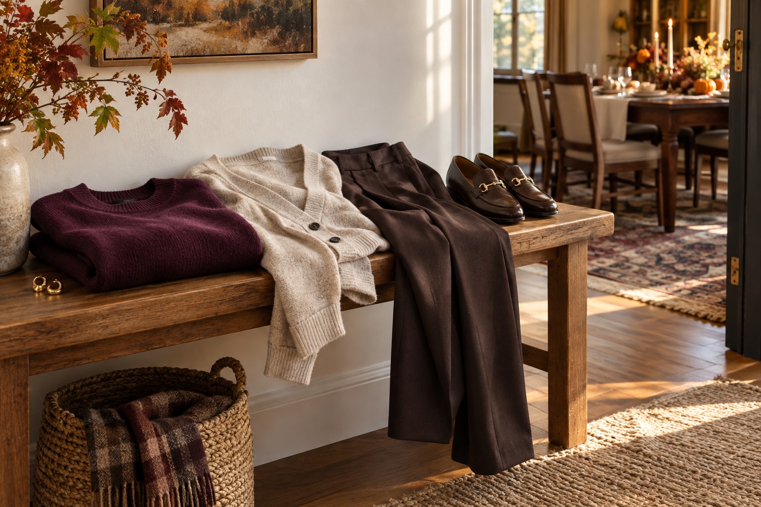 comfortable thanksgiving outfit with plum knitwear, soft trousers and loafers