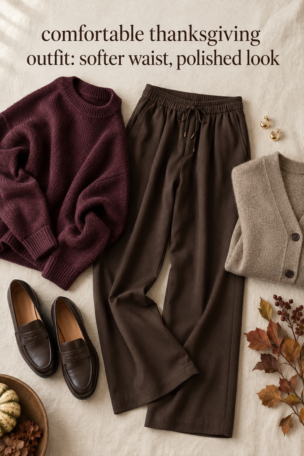 comfortable thanksgiving outfit flat lay with plum knit and relaxed chocolate pull-on trousers
