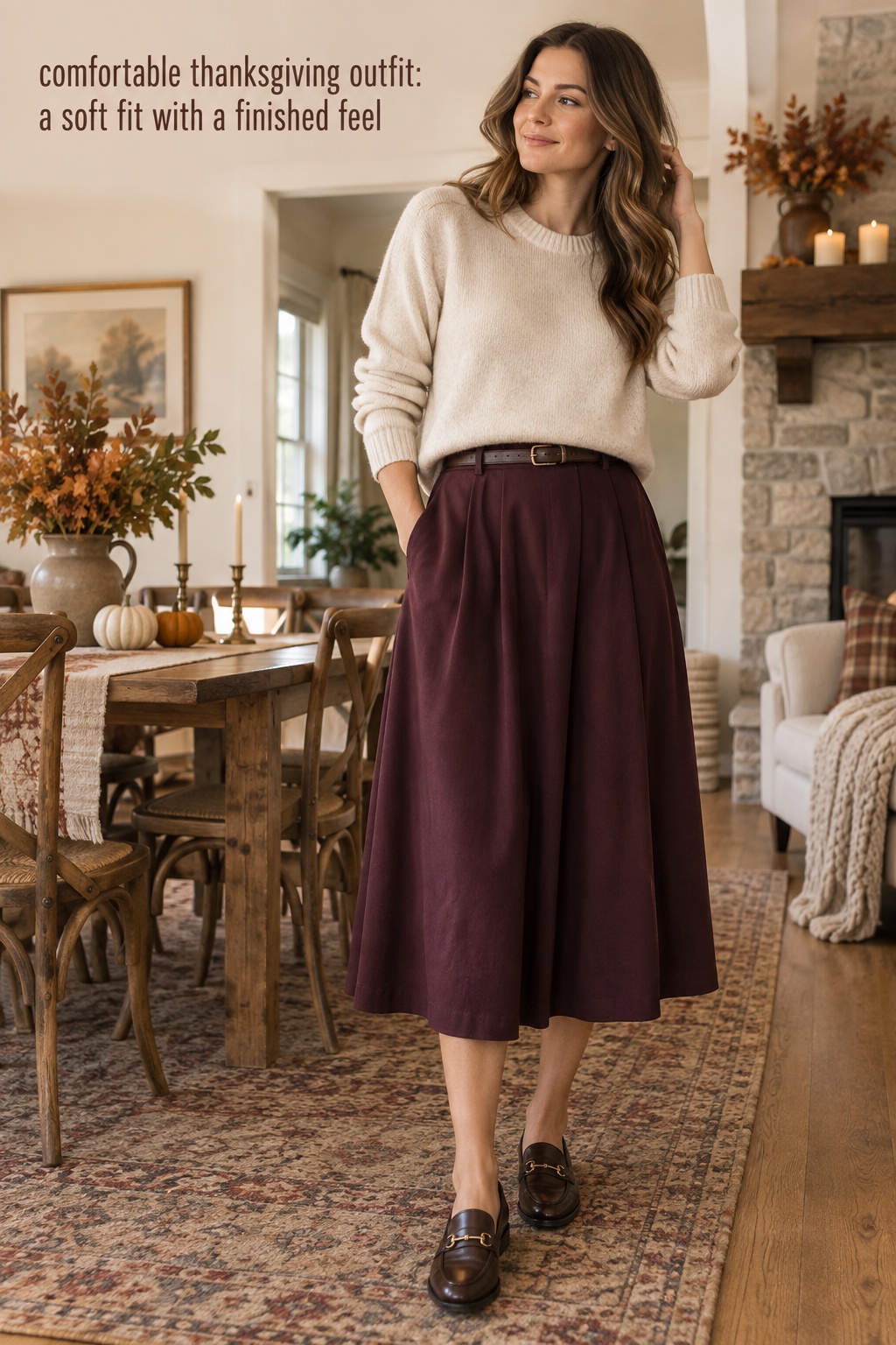 comfortable thanksgiving outfit with a cream knit, plum skirt, belt and dark loafers