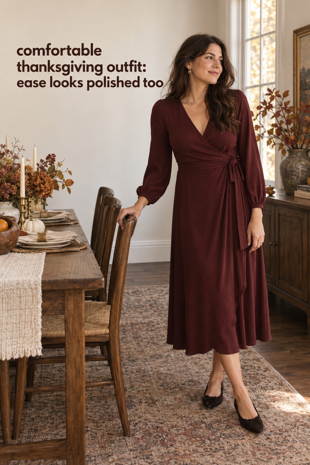 comfortable thanksgiving outfit in a burgundy wrap dress and comfortable flats