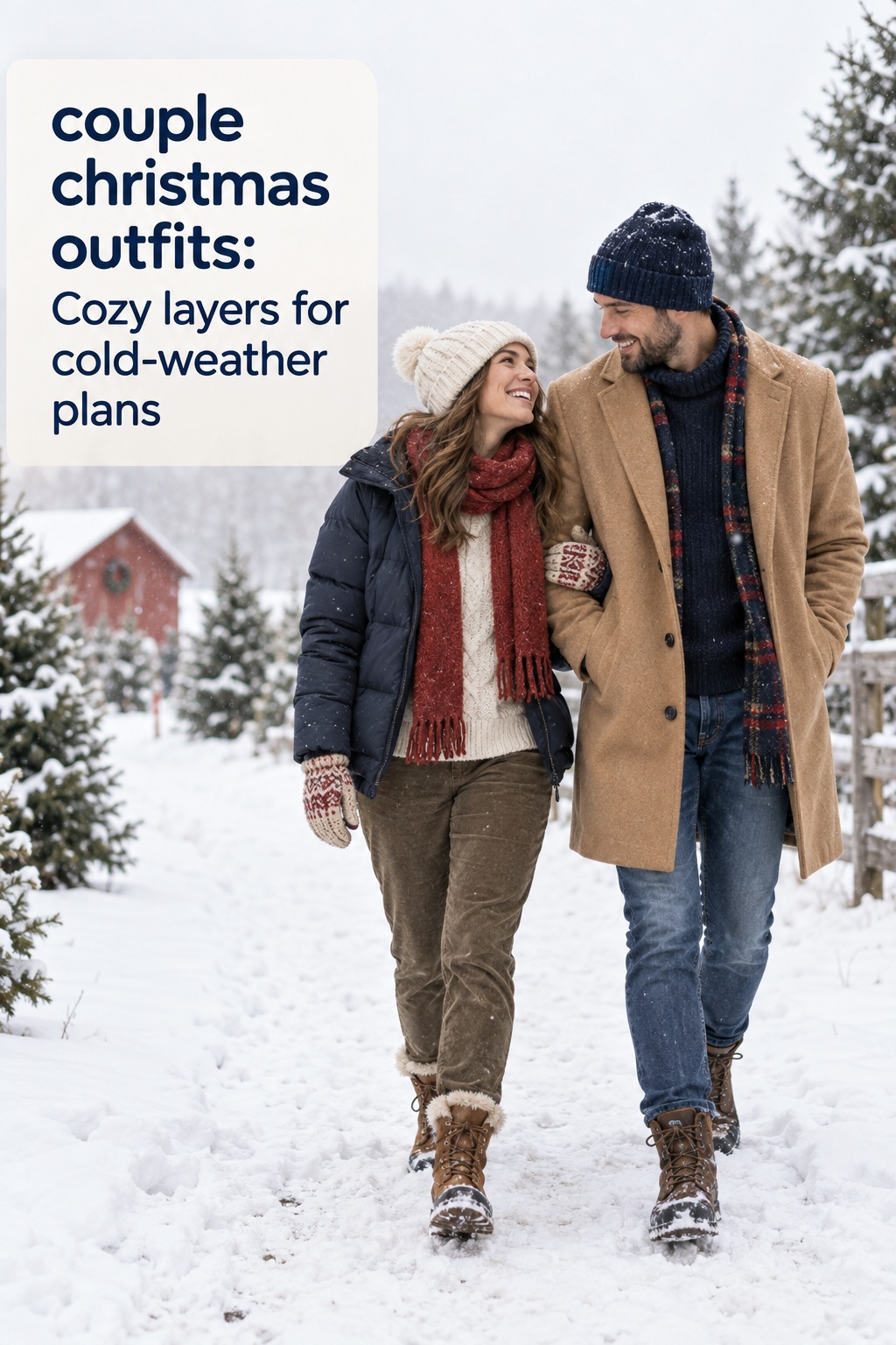 couple christmas outfits with camel, navy, and muted red winter layers in snow