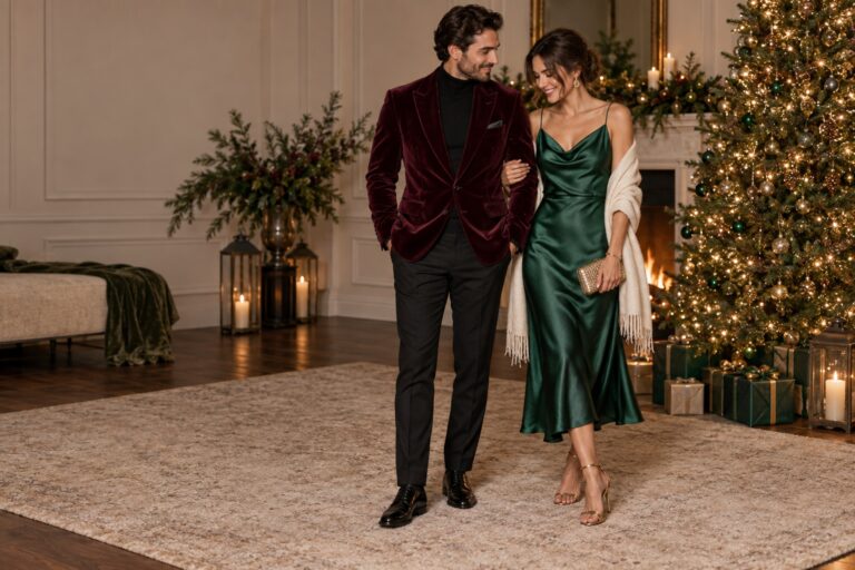 couple christmas outfits in burgundy velvet and emerald satin beside a lit tree