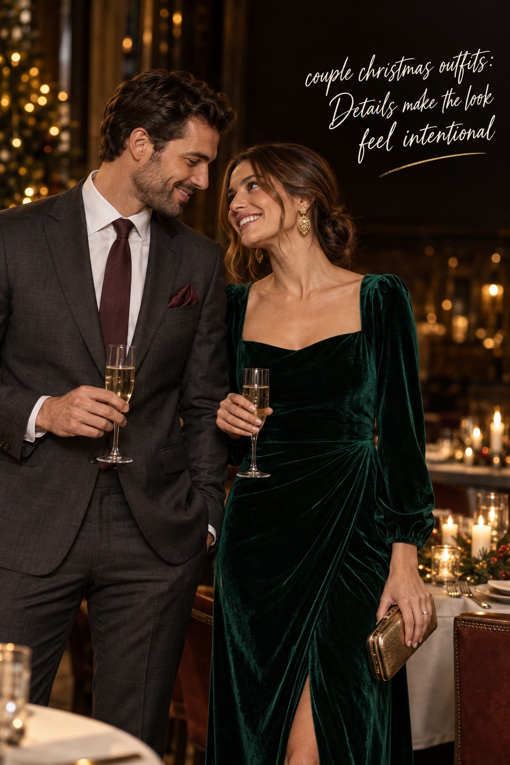 couple christmas outfits with charcoal tailoring, emerald velvet, and gold styling details