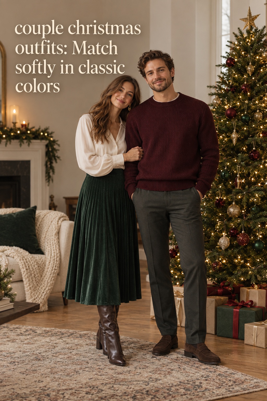 couple christmas outfits in burgundy, cream, and forest green beside a Christmas tree