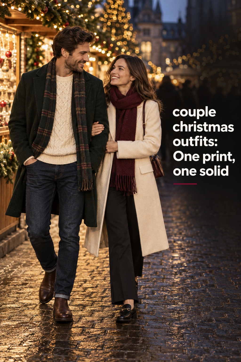 couple christmas outfits with one plaid scarf and solid winter layers at a holiday market