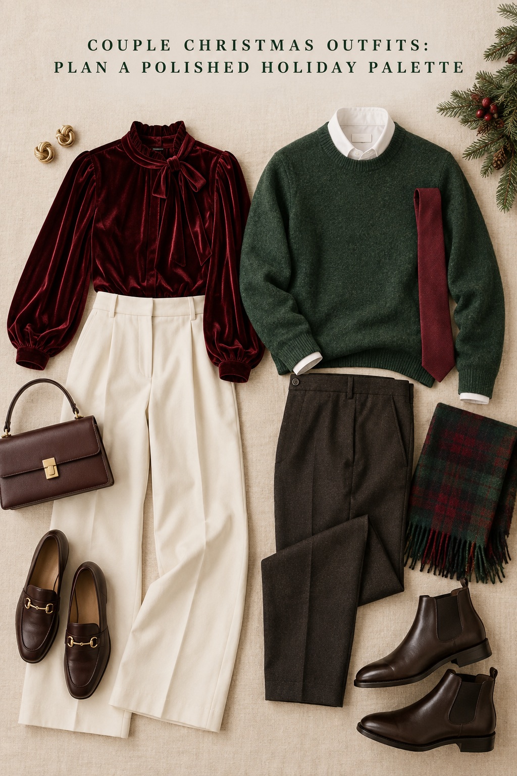 couple christmas outfits flat lay with burgundy velvet, green knit, and cream tailoring