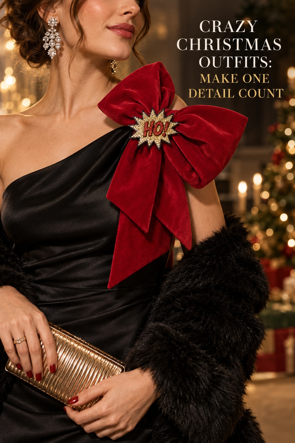 crazy christmas outfits black satin dress with oversized red bow and gold clutch