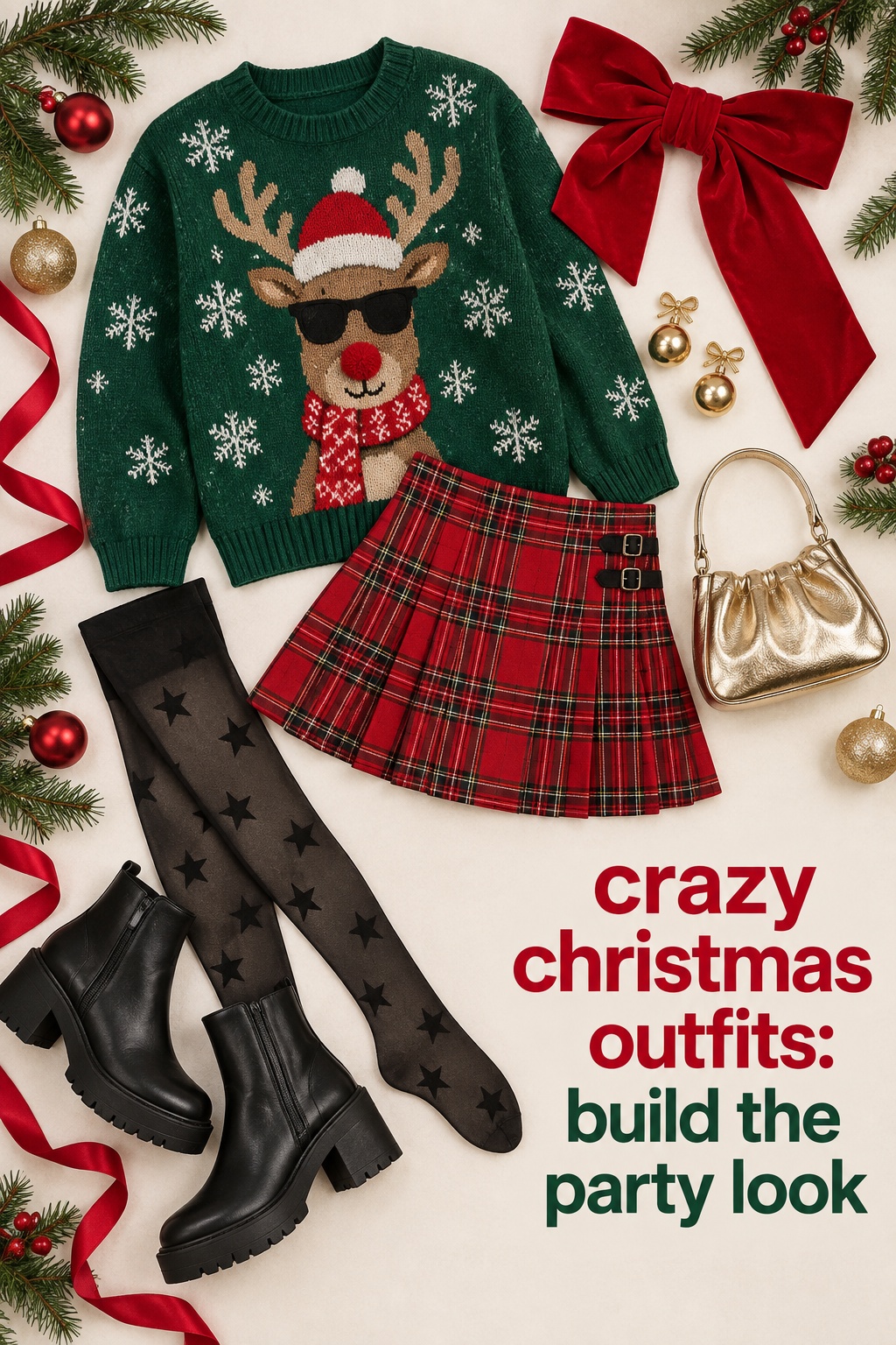 crazy christmas outfits flat lay with reindeer sweater tartan skirt boots and bow