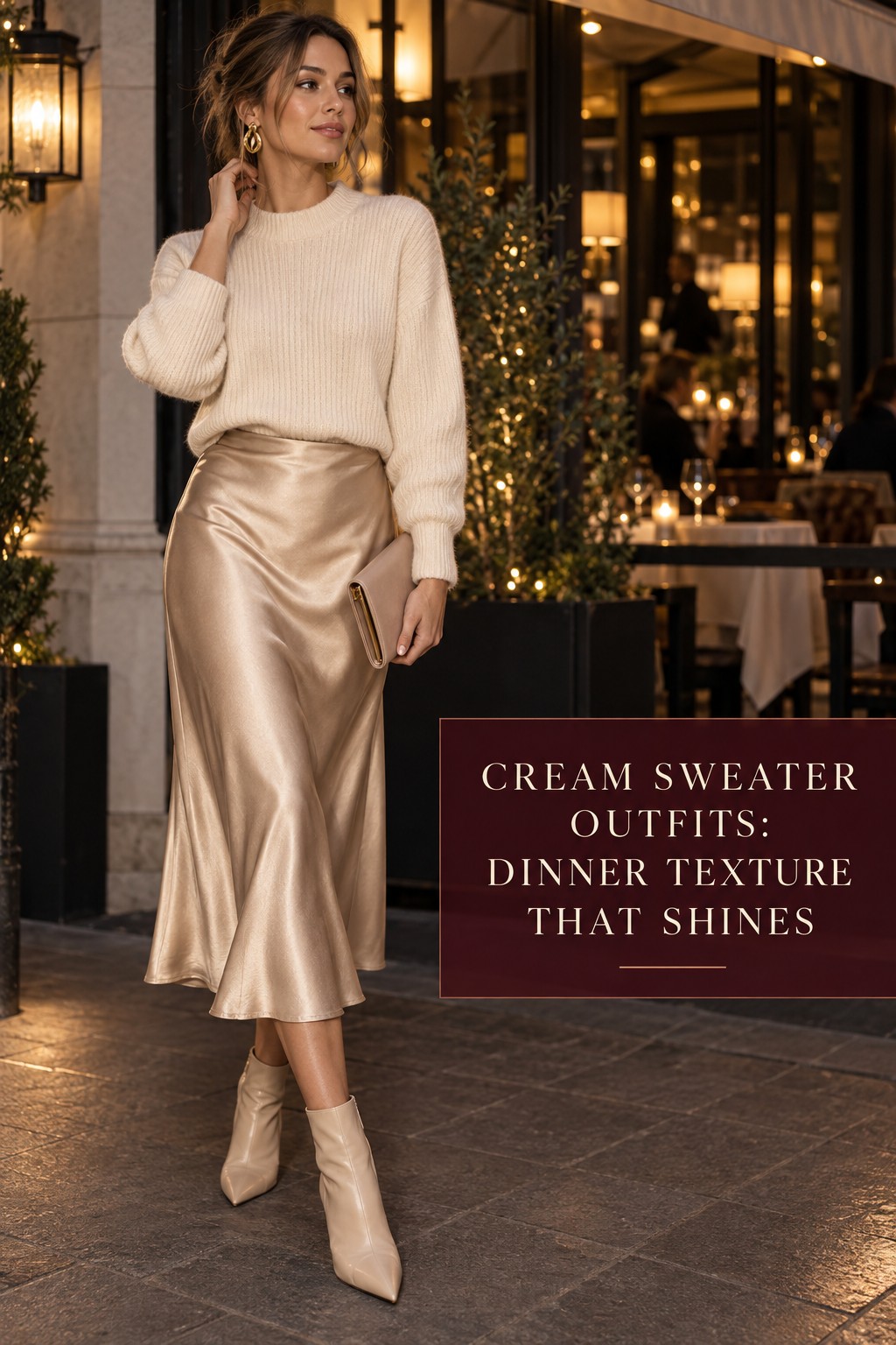 cream sweater outfits dinner look with a champagne satin midi skirt and pointed boots