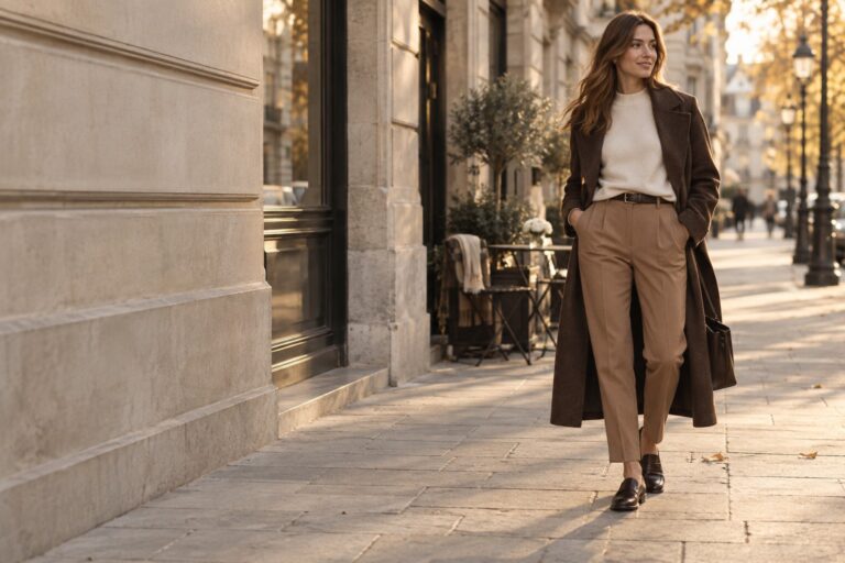 cream sweater outfits hero with camel trousers, long coat, and loafers on a city street