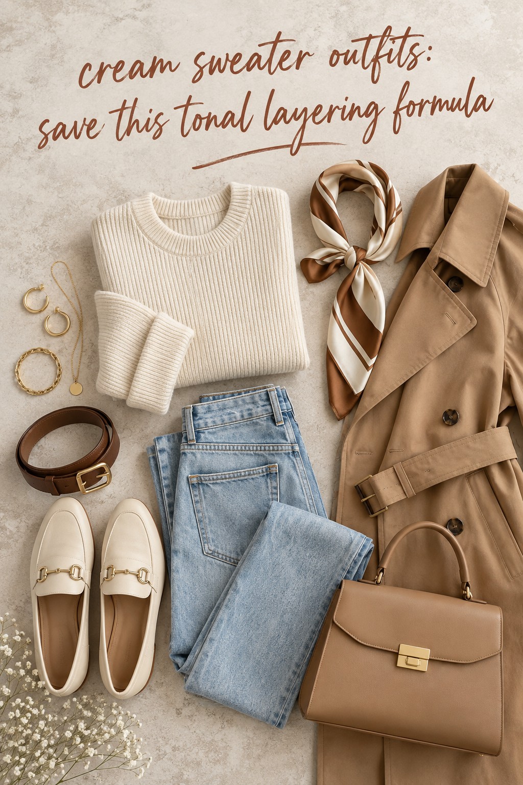 cream sweater outfits flat lay with ribbed knit, jeans, trench coat, scarf, loafers, and bag
