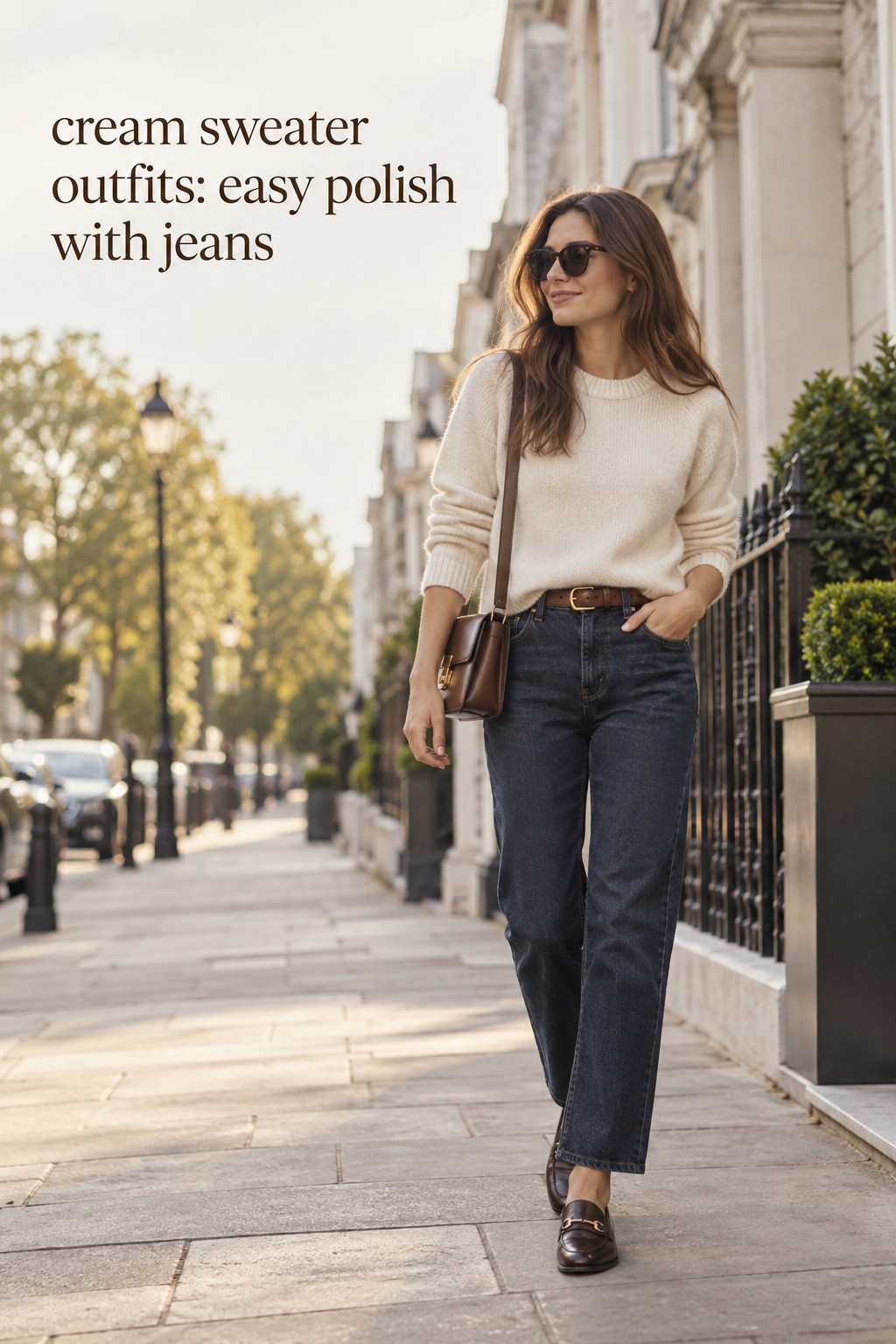 cream sweater outfits with dark straight-leg jeans, loafers, and a structured crossbody bag