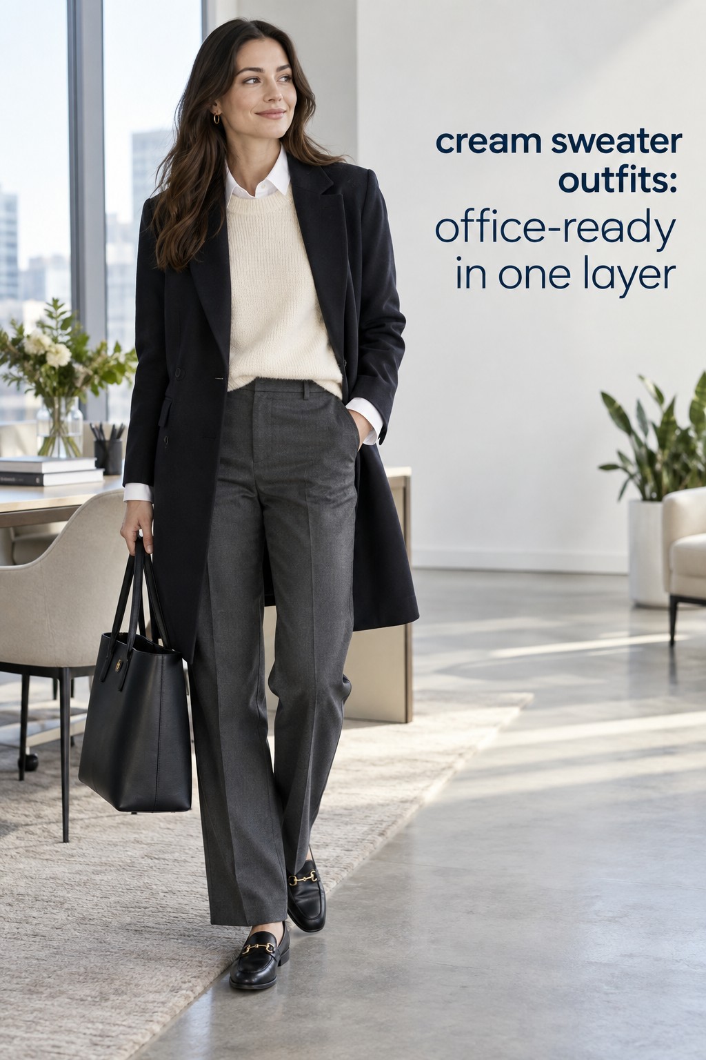 cream sweater outfits office look with a white shirt, charcoal trousers, blazer, and loafers