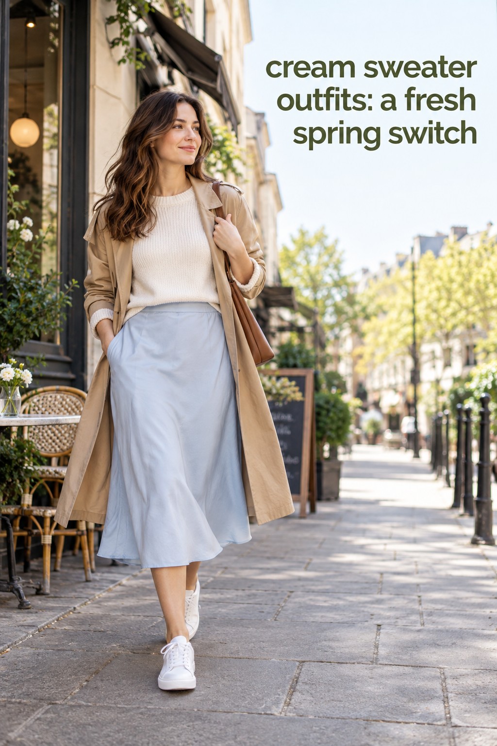 cream sweater outfits spring look with a pale blue midi skirt, tan trench, and white sneakers